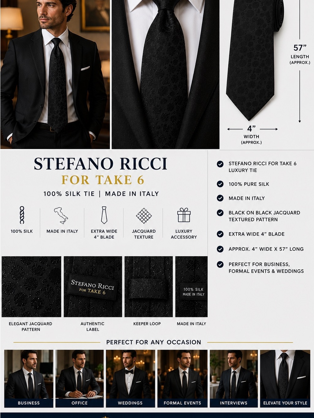 Stefano Ricci for Take 6 Black Silk Jacquard Tie Made in Italy 4" Wide